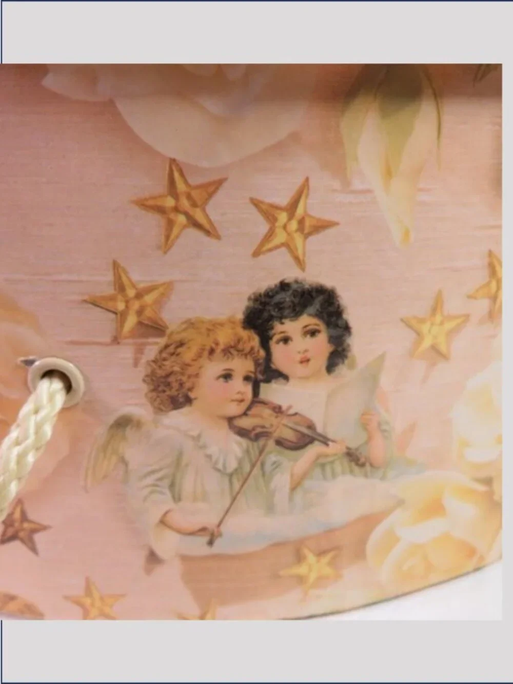 Vintage Cherub Angel Large Round Hat Box Floral Wired Bow Yellow Roses Stars